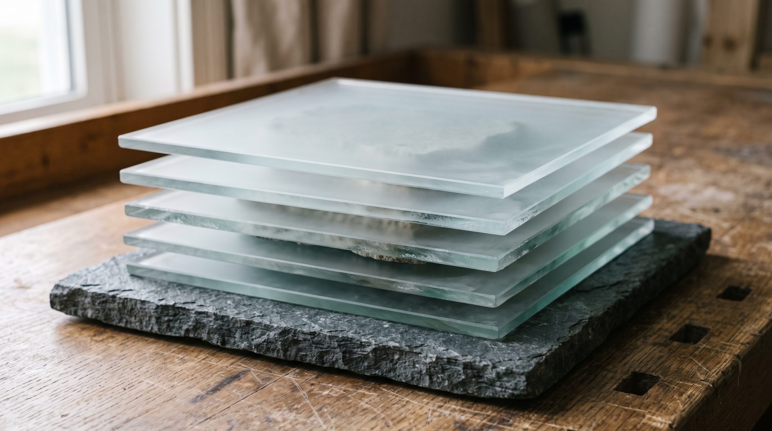 AI-generated illustration: AI illustration of translucent glass layers stacked above a solid stone base, an abstract representation of the Layer 2 scaling concept.