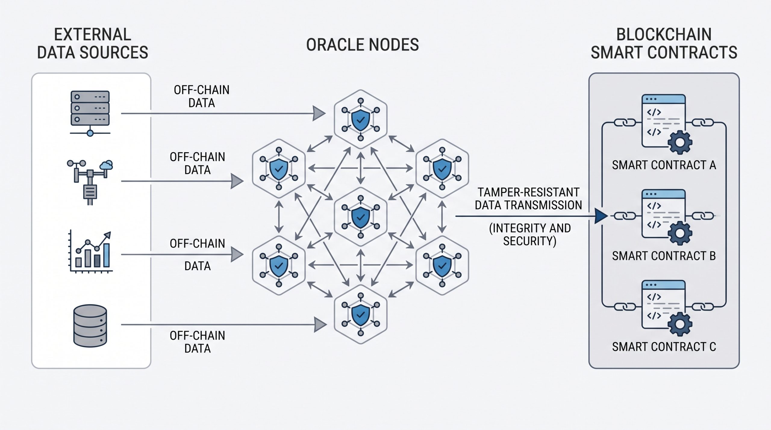 AI illustration: conceptual diagram of external data sources passing through decentralized oracle nodes to blockchain smart contracts