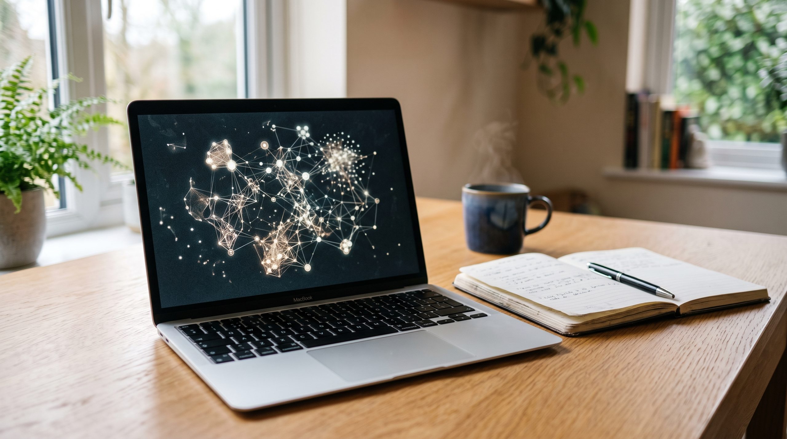 AI illustration of a desk with a laptop displaying an abstract, unbranded network-of-nodes graphic representing a blockchain.