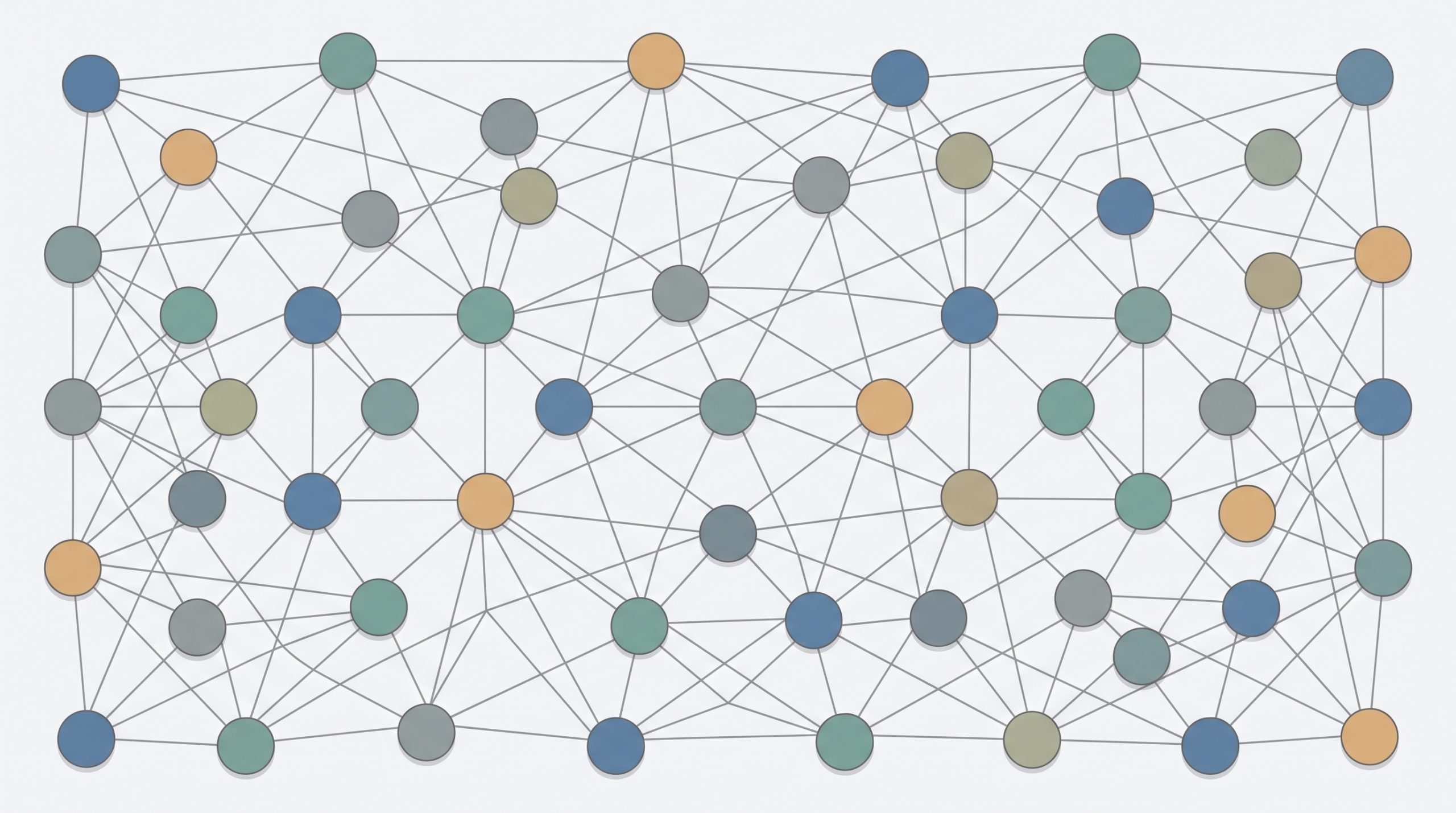 AI illustration: conceptual diagram of a decentralized peer-to-peer network with directly connected nodes and no central hub.